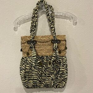 Vintage Sun n’ Sand Animal Print Shoulder Bag Magnetic Straw & Silky Fabric